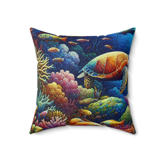 "Paraíso marino: vida salvaje en los arrecifes de coral de colores" - Almohada cuadrada de poliéster hilado extraterrestre