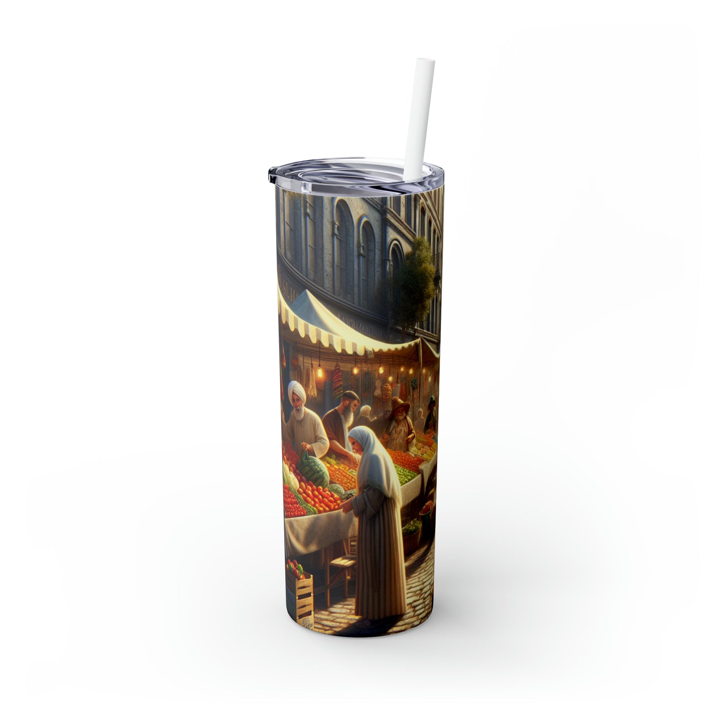 "Sunny Vibes at the Outdoor Market" - The Alien Maars® Skinny Tumbler avec paille 20oz Style réalisme