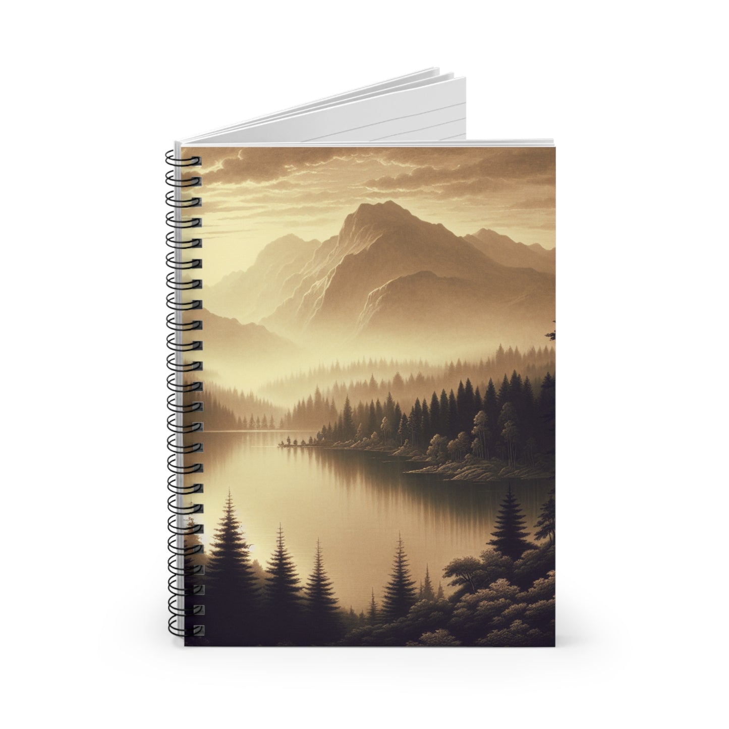 "Dawn at the Lake: A Foggy Mountain Morning" - The Alien Spiral Notebook (Ruled Line) Tonalism Style