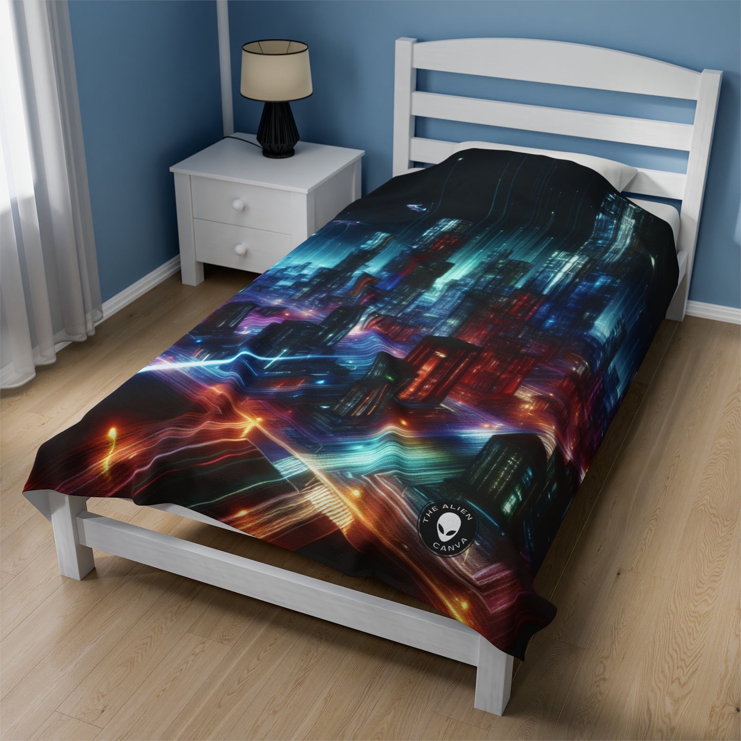 « Neon Skyline : un paysage urbain futuriste » - La couverture en peluche Alien Velveteen