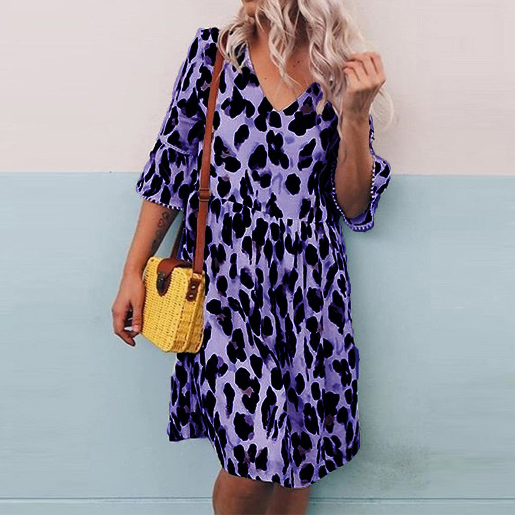 V-neck print leopard print dress