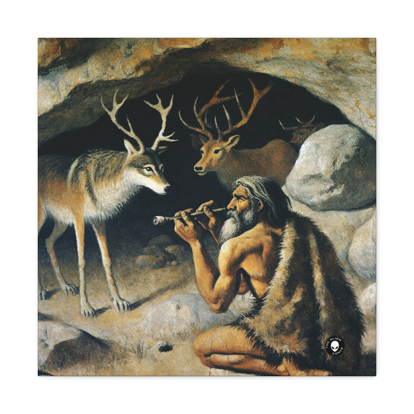 "Chasseur et loup : à la poursuite d'une proie." - La peinture rupestre Alien Canva