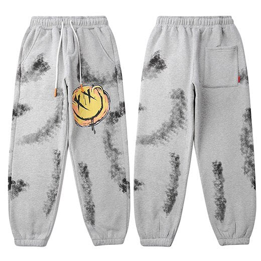 Tie-printed smiley print sports men's casual pants