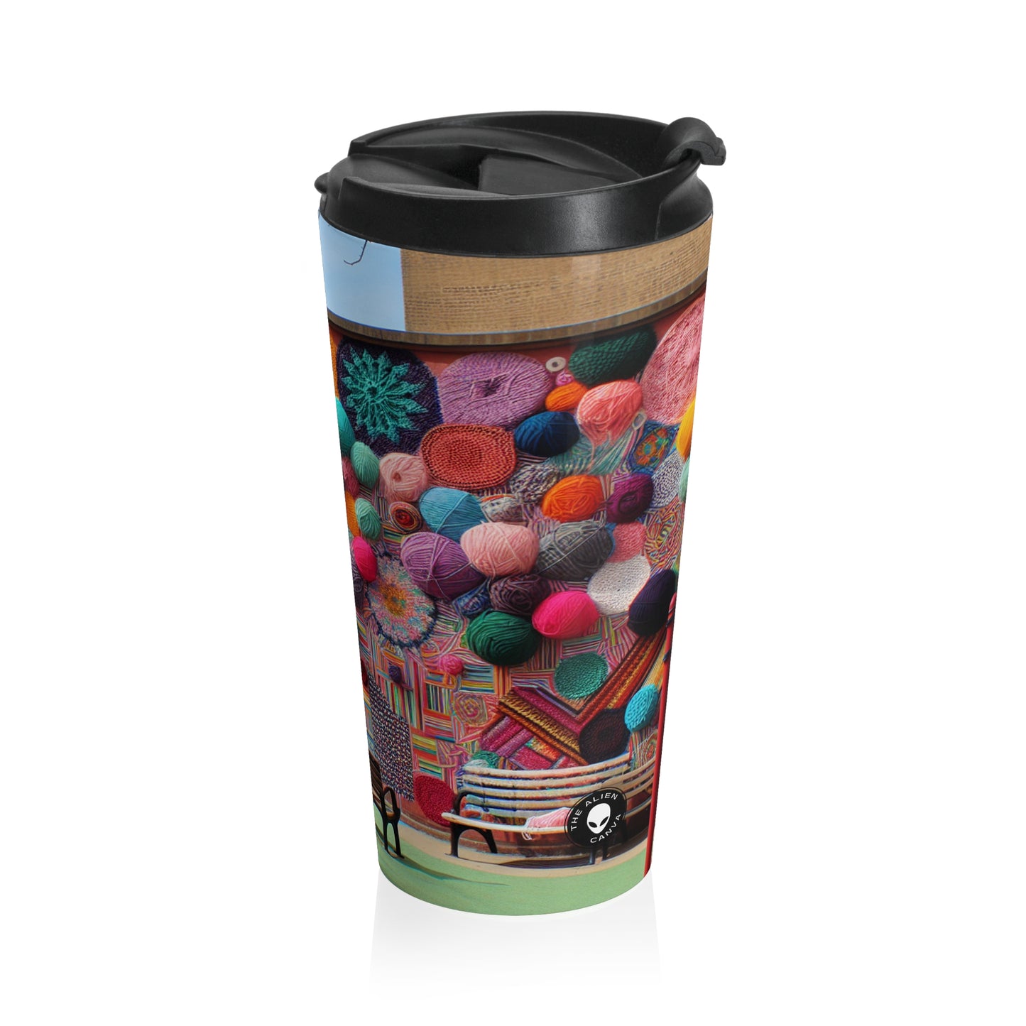 "Yarn of Joy: A Colorful Outdoor Mural" - The Alien Stainless Steel Travel Mug Yarn Bombing (Fiber Art)