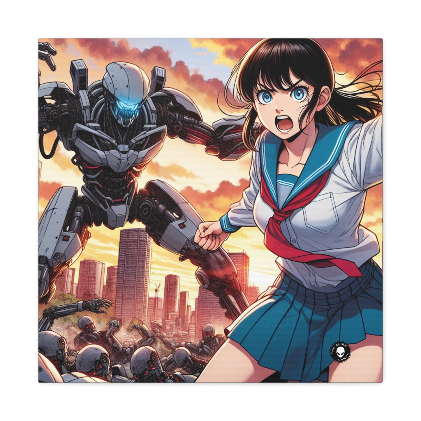 "Une fille en uniforme sauve la ville des envahisseurs." - L'art manga/anime Alien Canva