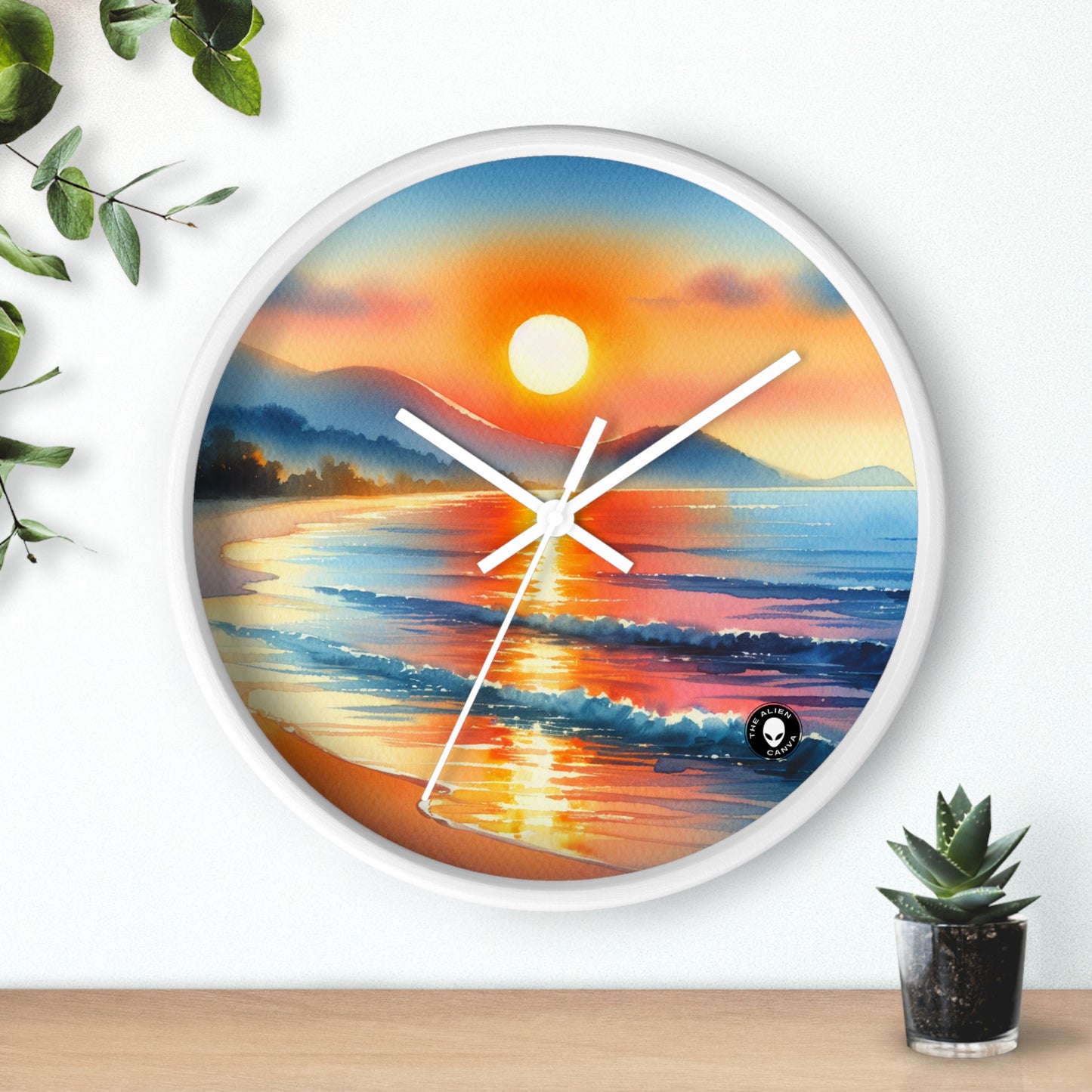 "Amanecer en la playa" - El reloj de pared alienígena Pintura en acuarela