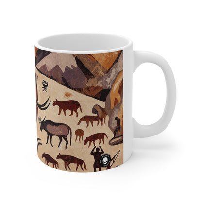 Title: "Ancient Encounter: The Battle of Giants" - The Alien Ceramic Mug 11oz Cave Painting