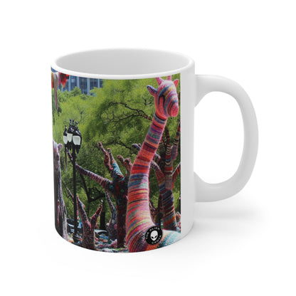 Titre : « Yarnscaped City : A Whimsical Fiber Art Fusion » – The Alien Ceramic Mug 11oz Yarn Bombing (Fiber Art)