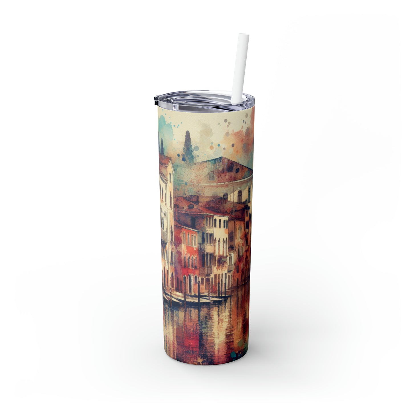 Tranquil Coast: A Serene Watercolor Sunset Painting - The Alien Maars® Skinny Tumbler with Straw 20oz Watercolor Painting