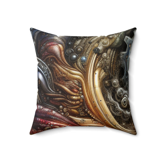 "Bio-Mech Cityscape: Harmonious Fusion"- The Alien Spun Polyester Square Pillow Bio-mechanical Art