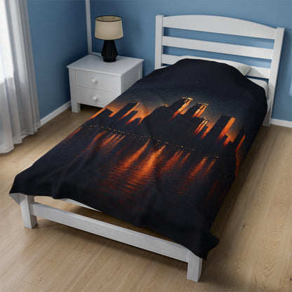 "The City Aglow" - The Alien Velveteen Plush Blanket Post-Impressionism Style