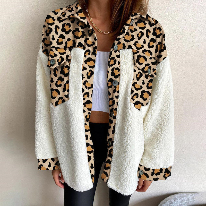 Chaqueta polar para mujer Felpa con estampado de leopardo 