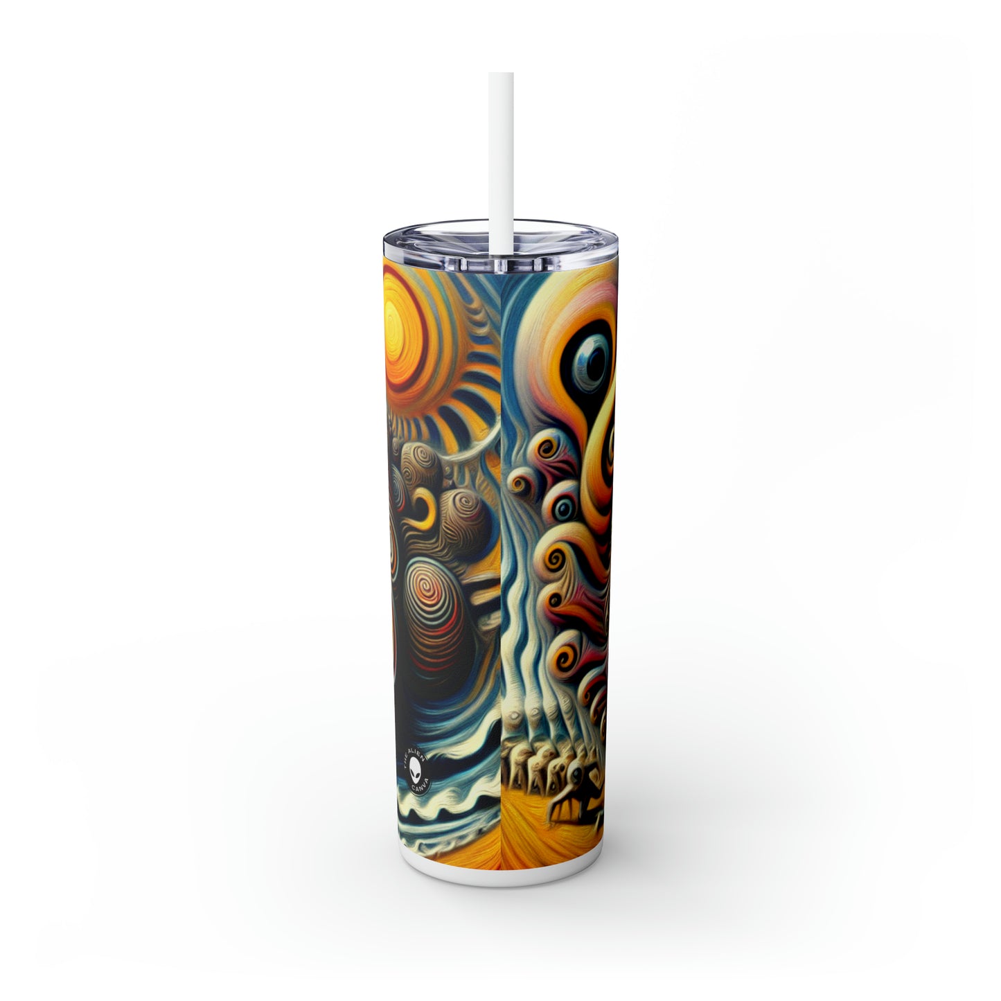 "Time Island's Dreamlike Dance" - The Alien Maars® Skinny Tumbler with Straw 20oz Surrealism