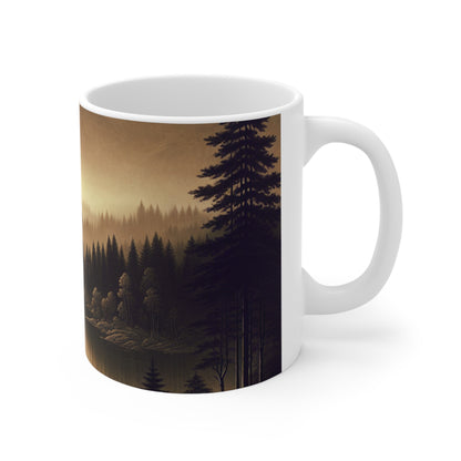 "Amanecer en el lago: una mañana de montaña brumosa" - Taza de cerámica alienígena estilo tonalismo de 11 oz