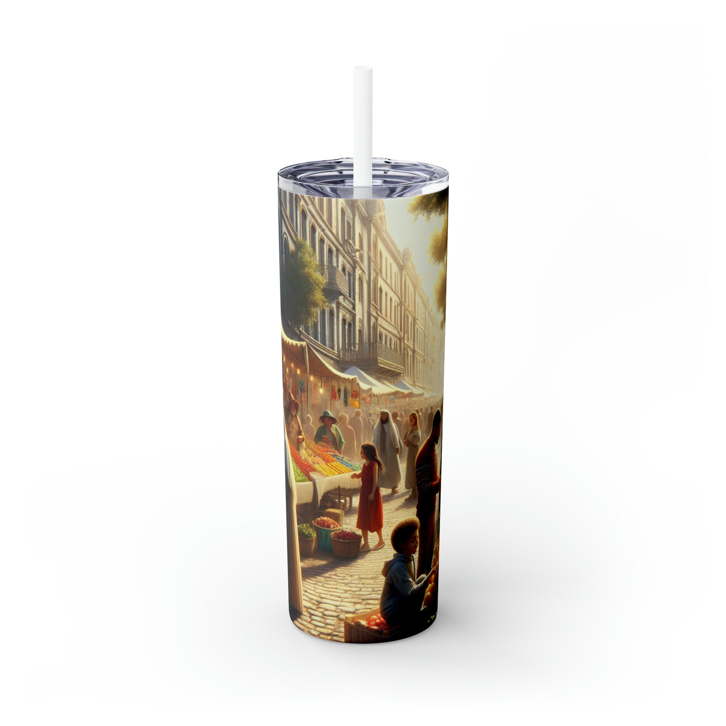 "Sunny Vibes at the Outdoor Market" - The Alien Maars® Skinny Tumbler with Straw 20oz Realism Style