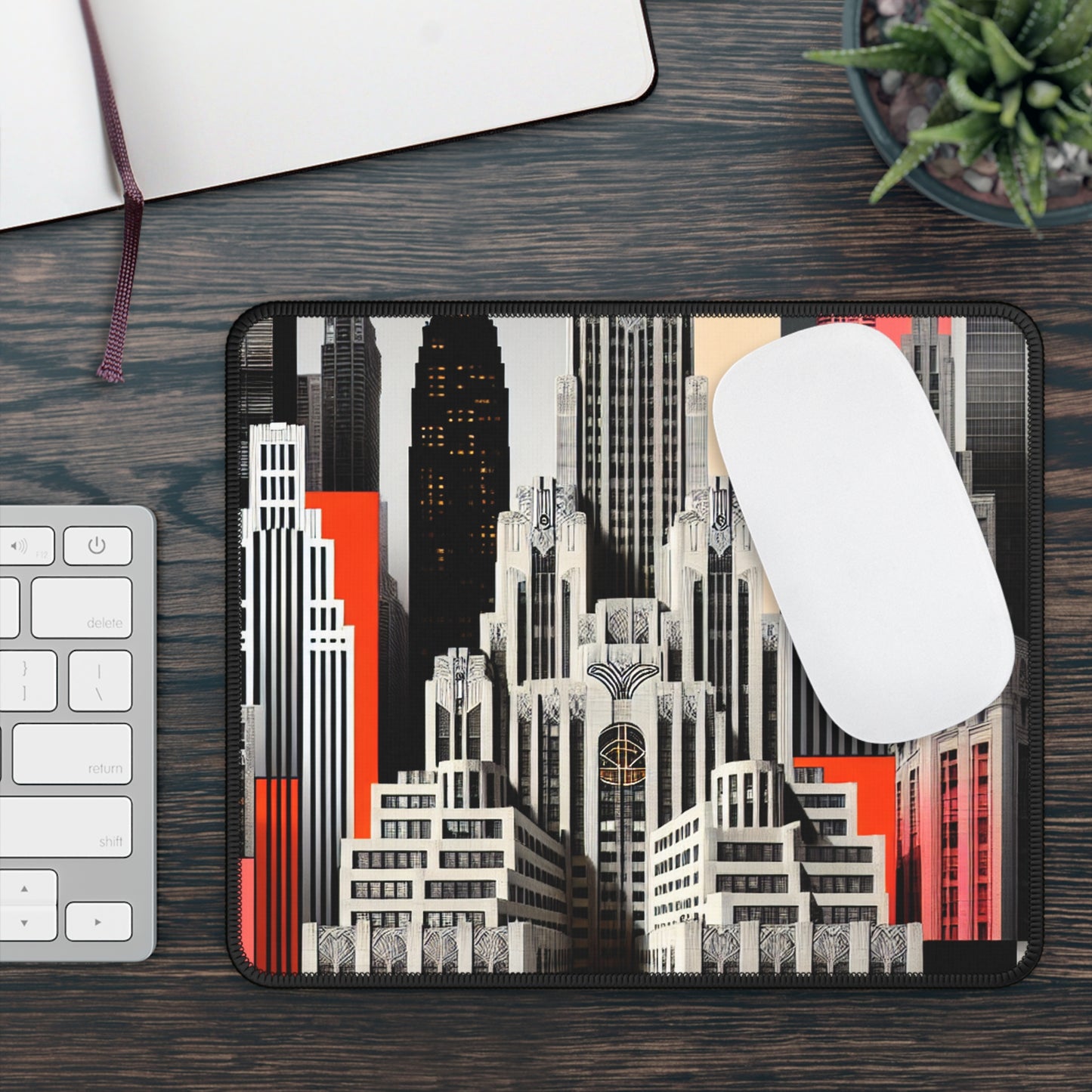 "Un contraste de tiempos: rascacielos Art Déco clásicos y un paisaje urbano moderno" - The Alien Gaming Mouse Pad estilo Art Déco