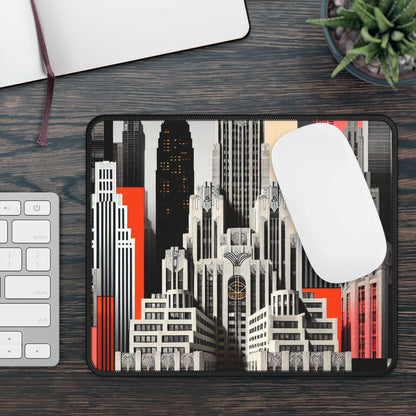 "A Contrast of Times: Classic Art Deco Skyscrapers and a Modern Cityscape" - The Alien Gaming Mouse Pad Art Deco Style