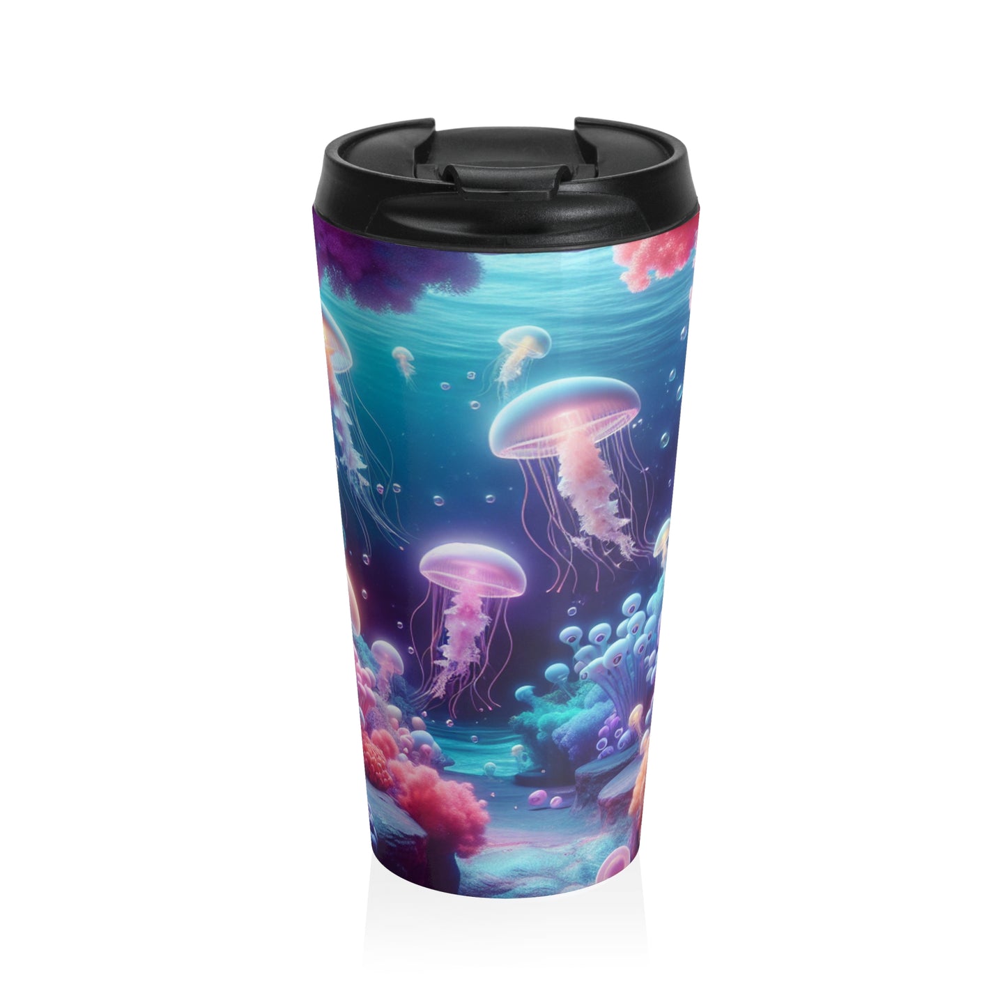 Enchanting Underwater Realm: Glowing Jellyfish and Curious Octopus - The Alien Stainless Steel Travel Mug