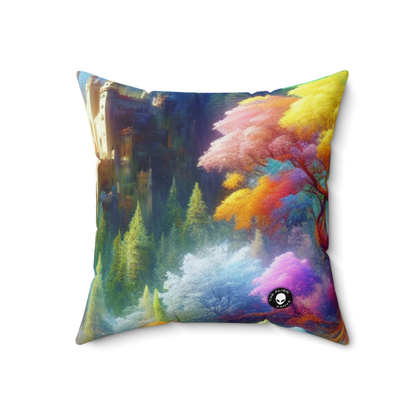 "Glowing Enchantment: The Castle in the Colorful Forest"- The Alien Spun Polyester Square Pillow