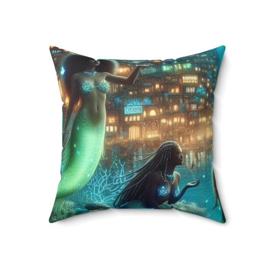 "Glimmering Depths: The Enchanted Underwater City"- The Alien Spun Polyester Square Pillow