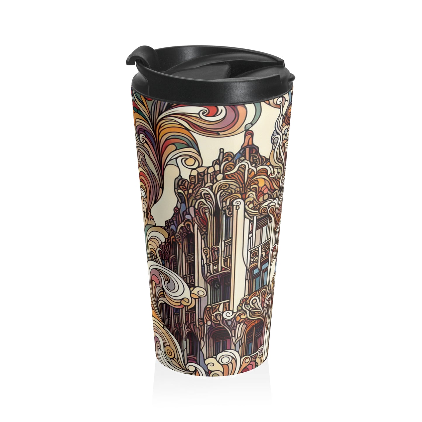 "Estaciones encantadas: Ilustración del bosque Art Nouveau" - Taza de viaje de acero inoxidable The Alien Art Nouveau