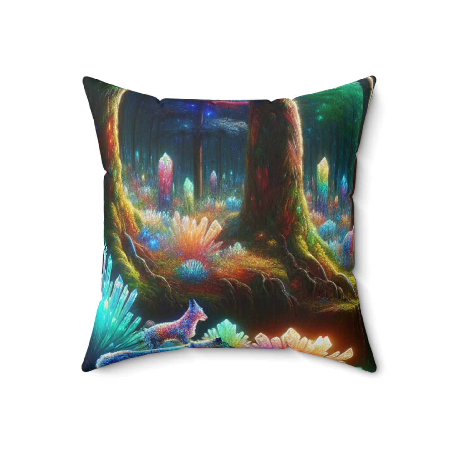 "Crystal Grove: un bosque de cuentos de hadas": almohada cuadrada de poliéster hilado de Alien