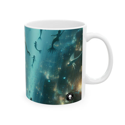 "Encantamiento bajo tierra: una metrópolis submarina bioluminiscente" - Taza de cerámica alienígena de 11 oz