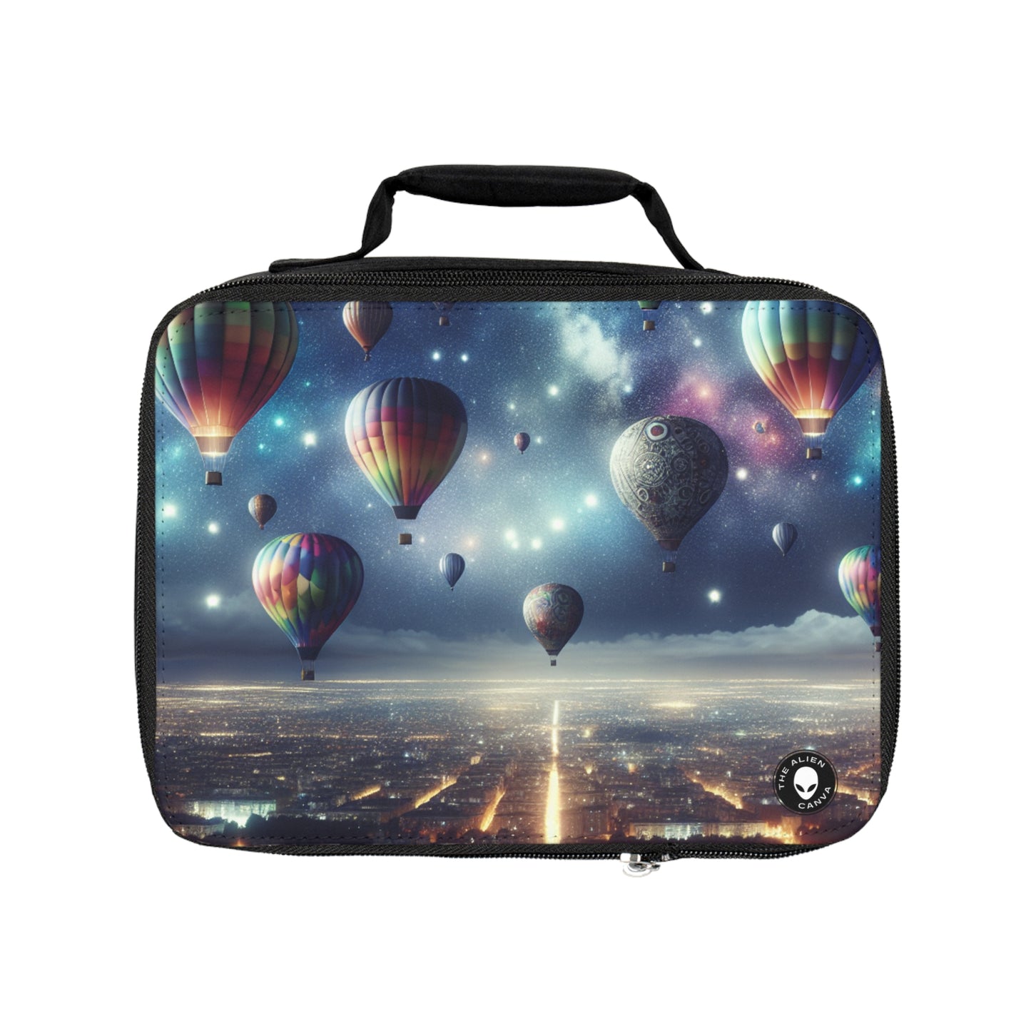 "Starry Night Voyage: Hot Air Balloons Over the City"- The Alien Lunch Bag