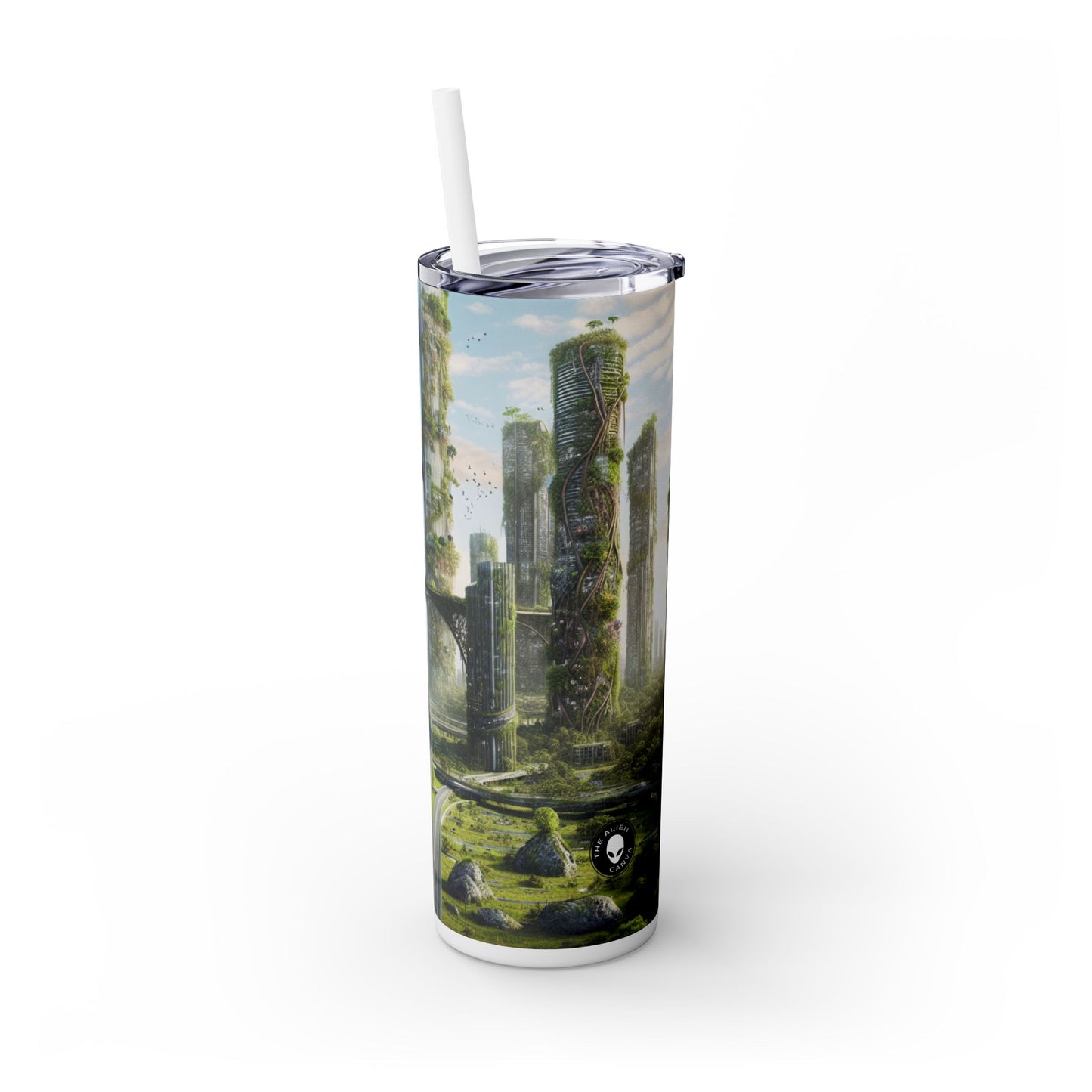 « La reconquête de la nature : un paysage urbain futuriste » - Le gobelet fin Alien Maars® avec paille 20 oz