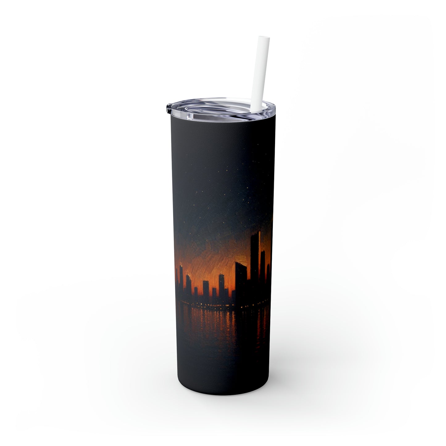 "The City Aglow" - The Alien Maars® Skinny Tumbler with Straw 20oz Post-Impressionism Style