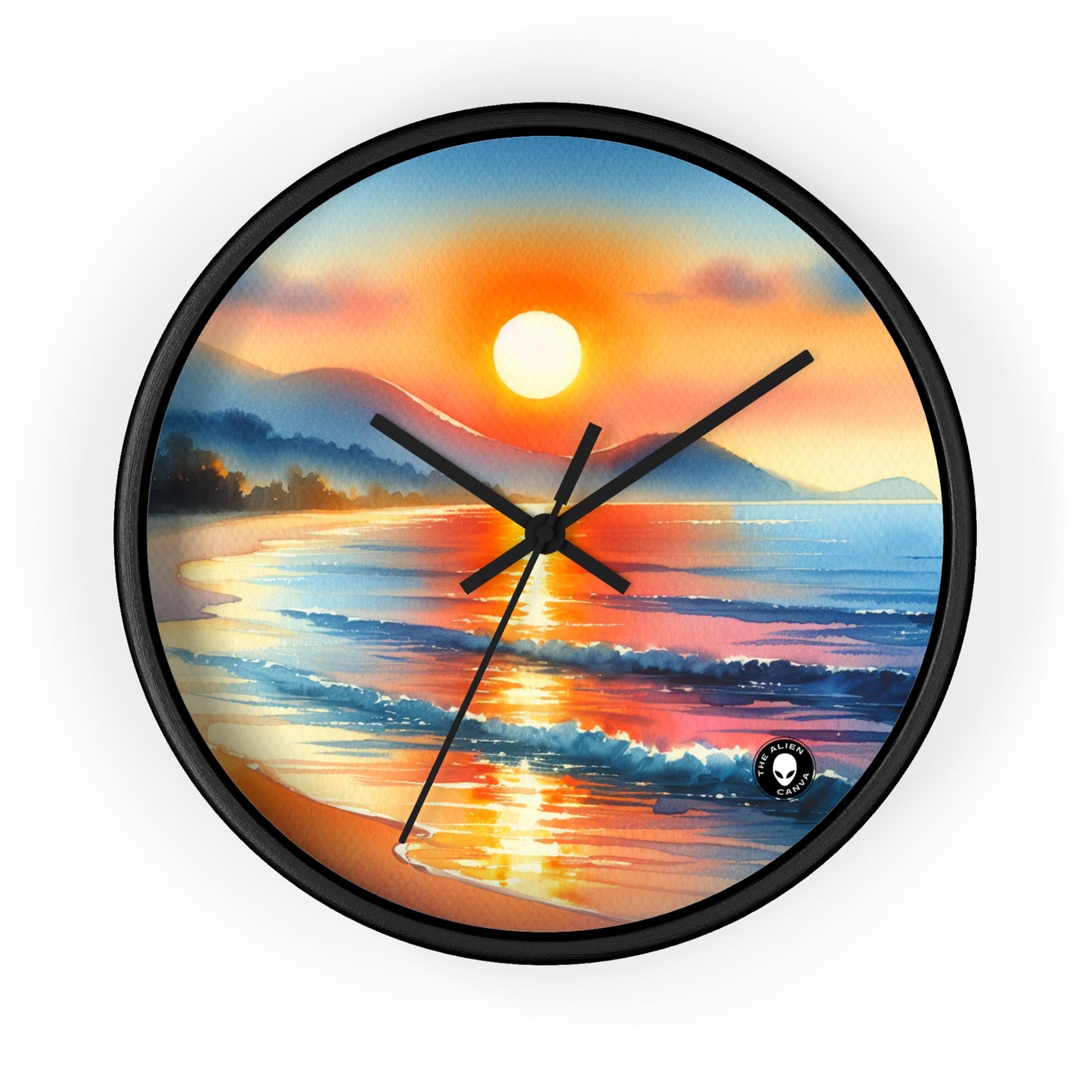 "Amanecer en la playa" - El reloj de pared alienígena Pintura en acuarela