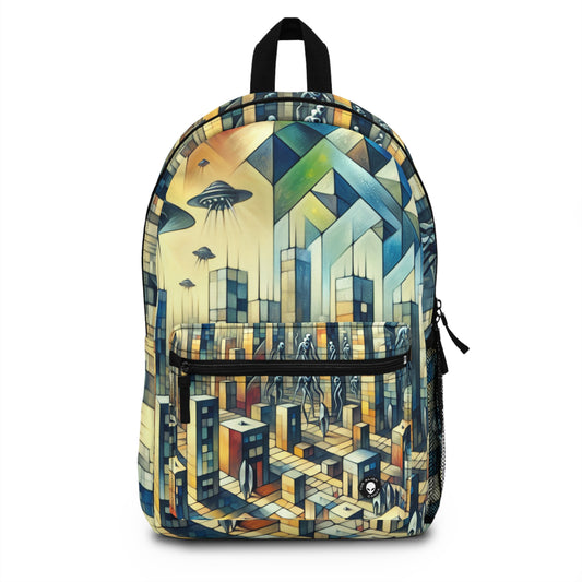 "Cubism in a Futuristic, Alien-Invaded City". - The Alien Backpack A futristic city invaded by aliens in cubism art style