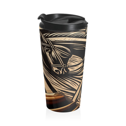 "Enchanting Shadows: A Woodcut Print of the Dancing Northern Lights" - The Alien Stainless Steel Travel Mug Woodcut Printing