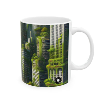 "El resurgimiento de la naturaleza: un paisaje urbano futurista" - Taza de cerámica The Alien de 11 oz