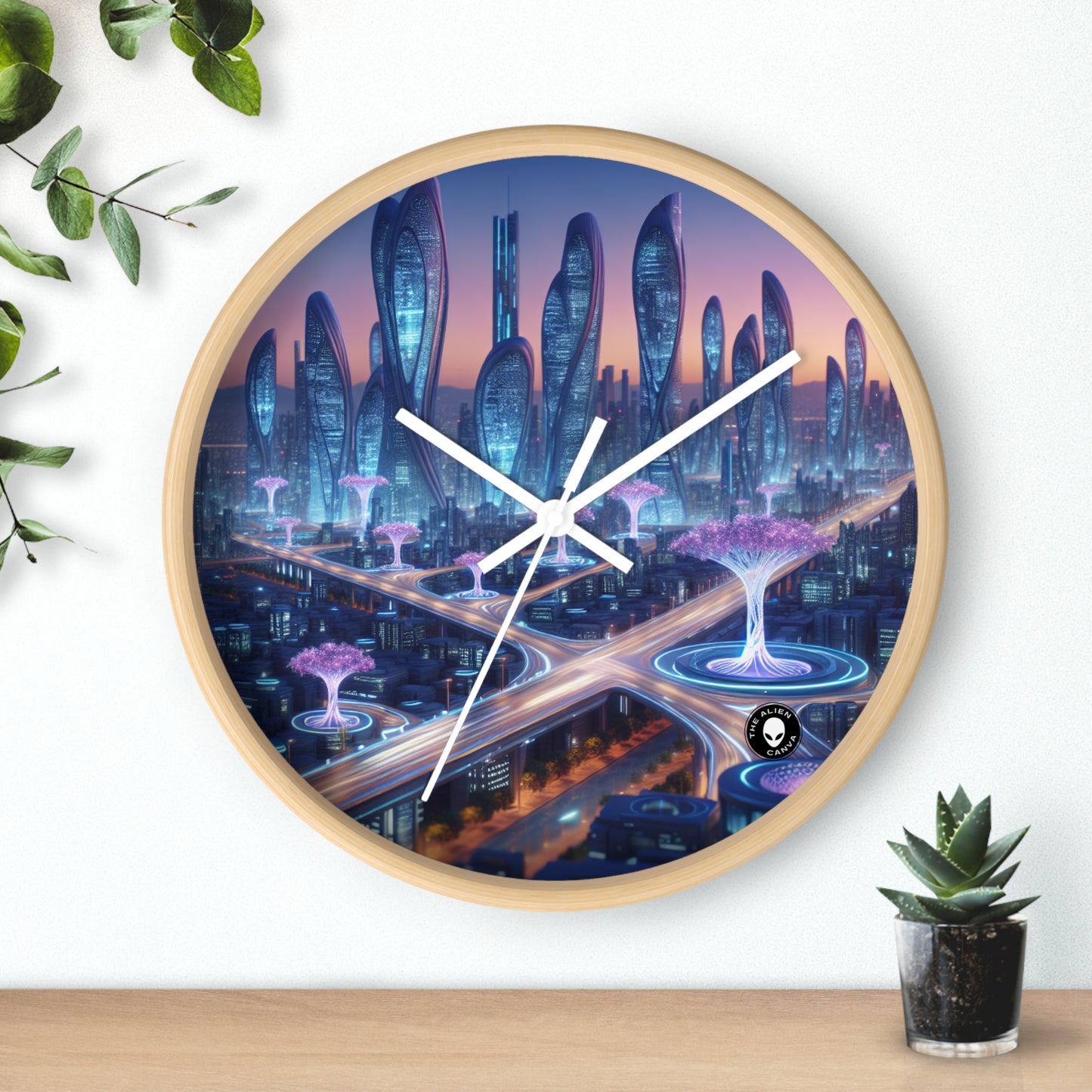 "La ciudad del mañana: naturaleza y tecnología entrelazadas" - El reloj de pared extraterrestre