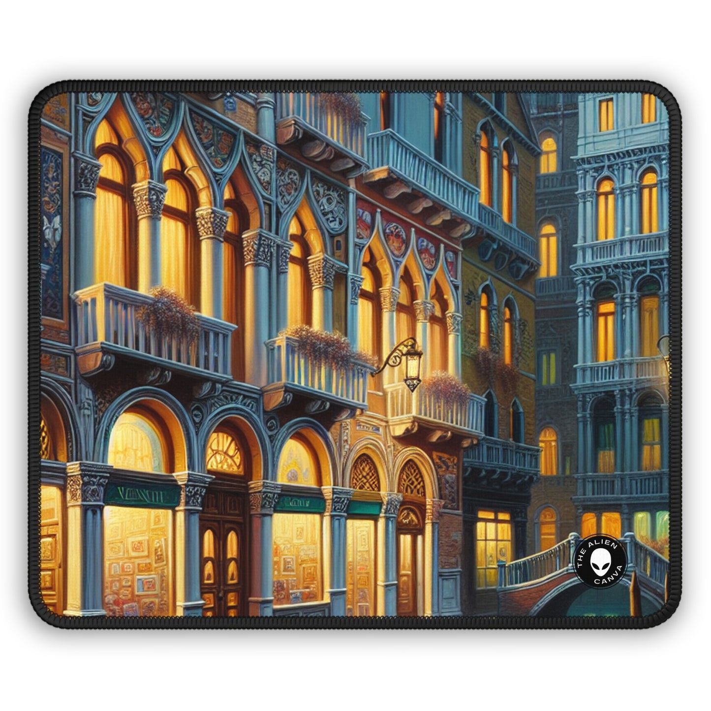 "Noche veneciana: una escena callejera luminosa" - The Alien Gaming Mouse Pad Escuela veneciana