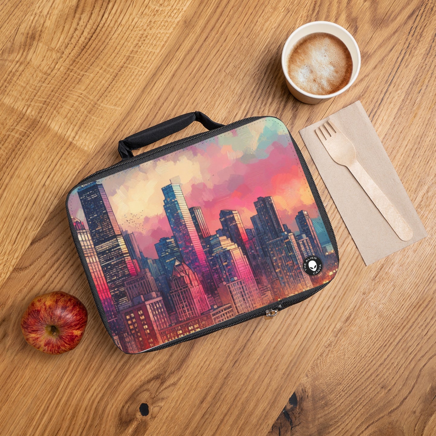 "Reflejos oscuros: horizonte de la ciudad al atardecer" - The Alien Lunch Bag