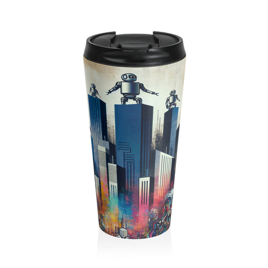 "Robotic Cityscape: A Futuristic Mural" - The Alien Stainless Steel Travel Mug Street Art / Graffiti