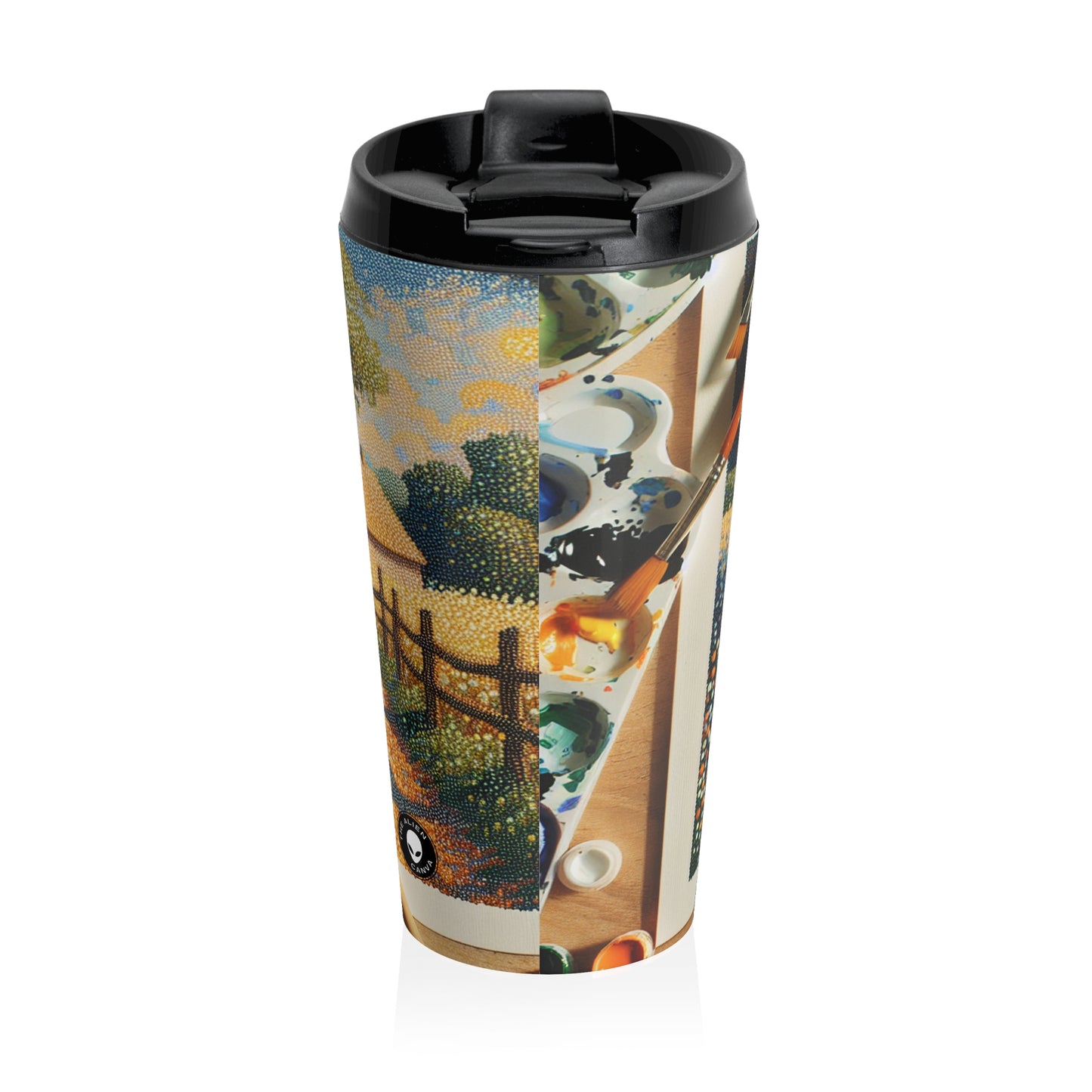 "Autumn Bliss: Pointillism Forest" - The Alien Stainless Steel Travel Mug Pointillism