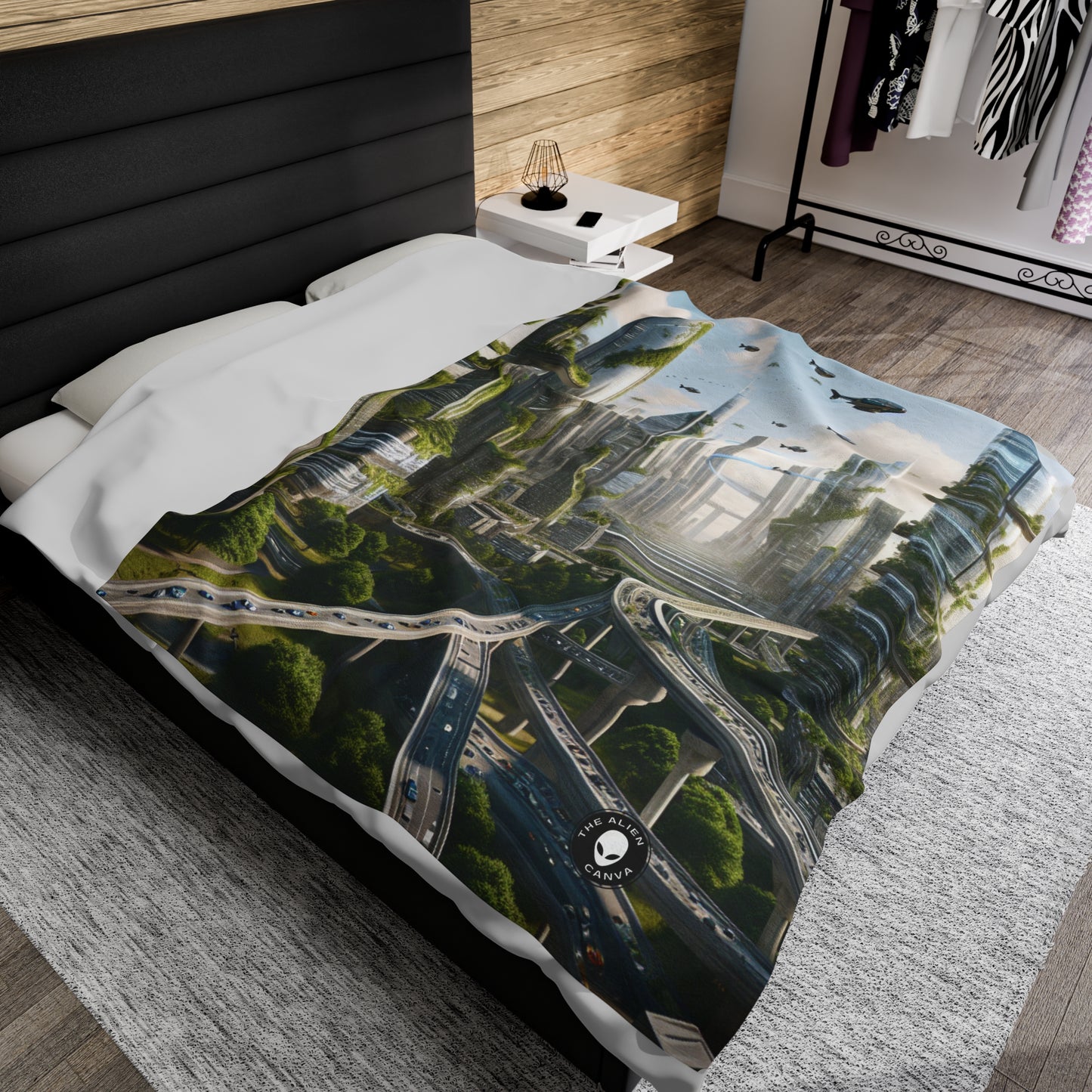 "Nature's Reclamation: A Futuristic Cityscape" - The Alien Velveteen Plush Blanket