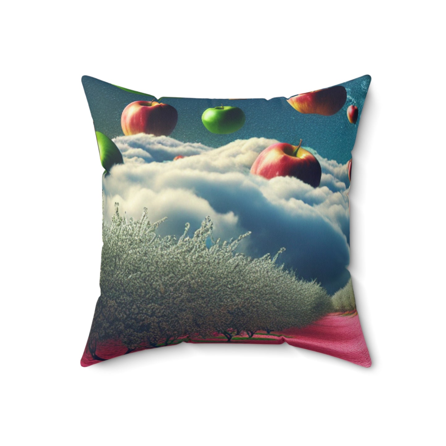 "Apple Sky and Pink Flower Carpet: A Surreal Landscape"- The Alien Spun Polyester Square Pillow