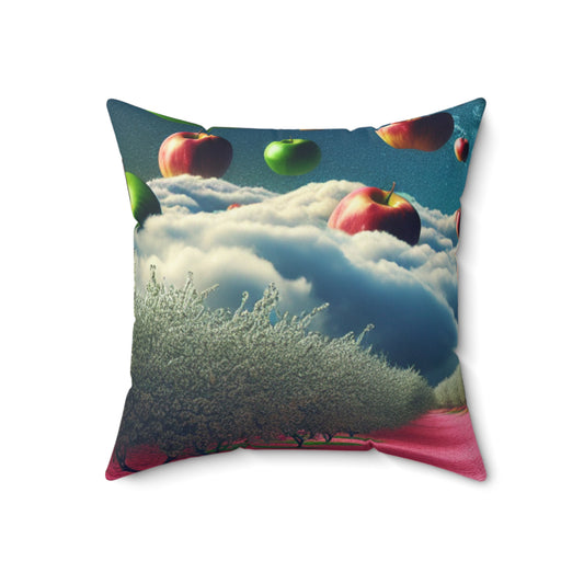 "Apple Sky and Pink Flower Carpet: A Surreal Landscape"- The Alien Spun Polyester Square Pillow