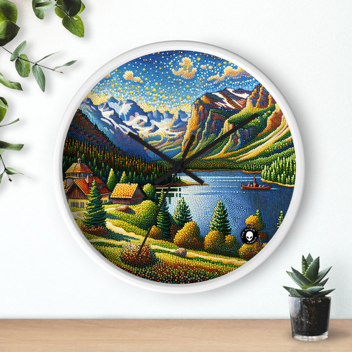 "Coucher de soleil tranquille : un chef-d'œuvre pointilliste d'une campagne sereine" - The Alien Wall Clock Pointillism