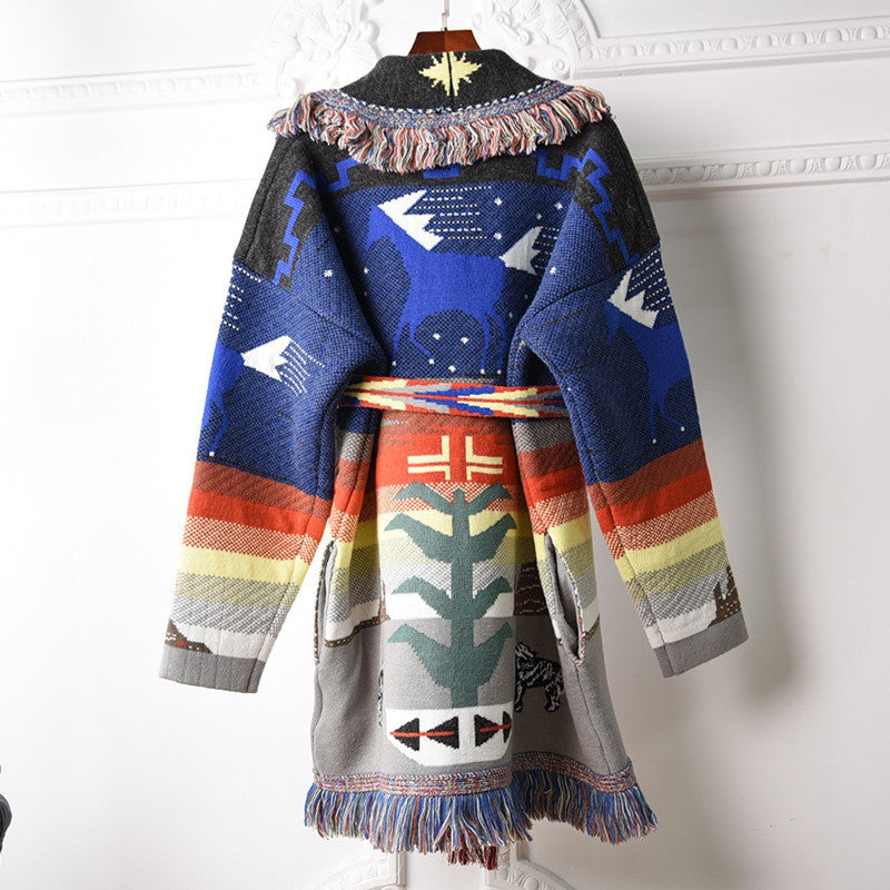 Printed embroidery stitching fringed wool coat