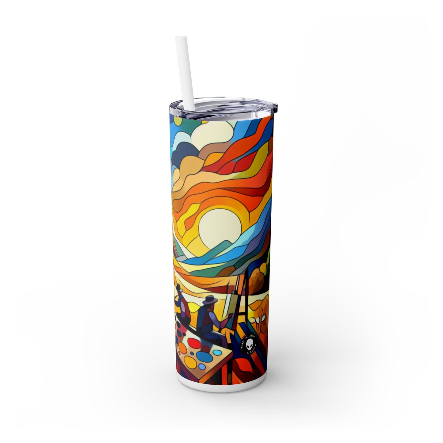 "Futuristic Neon Cityscape" - The Alien Maars® Skinny Tumbler with Straw 20oz Hard-edge Painting