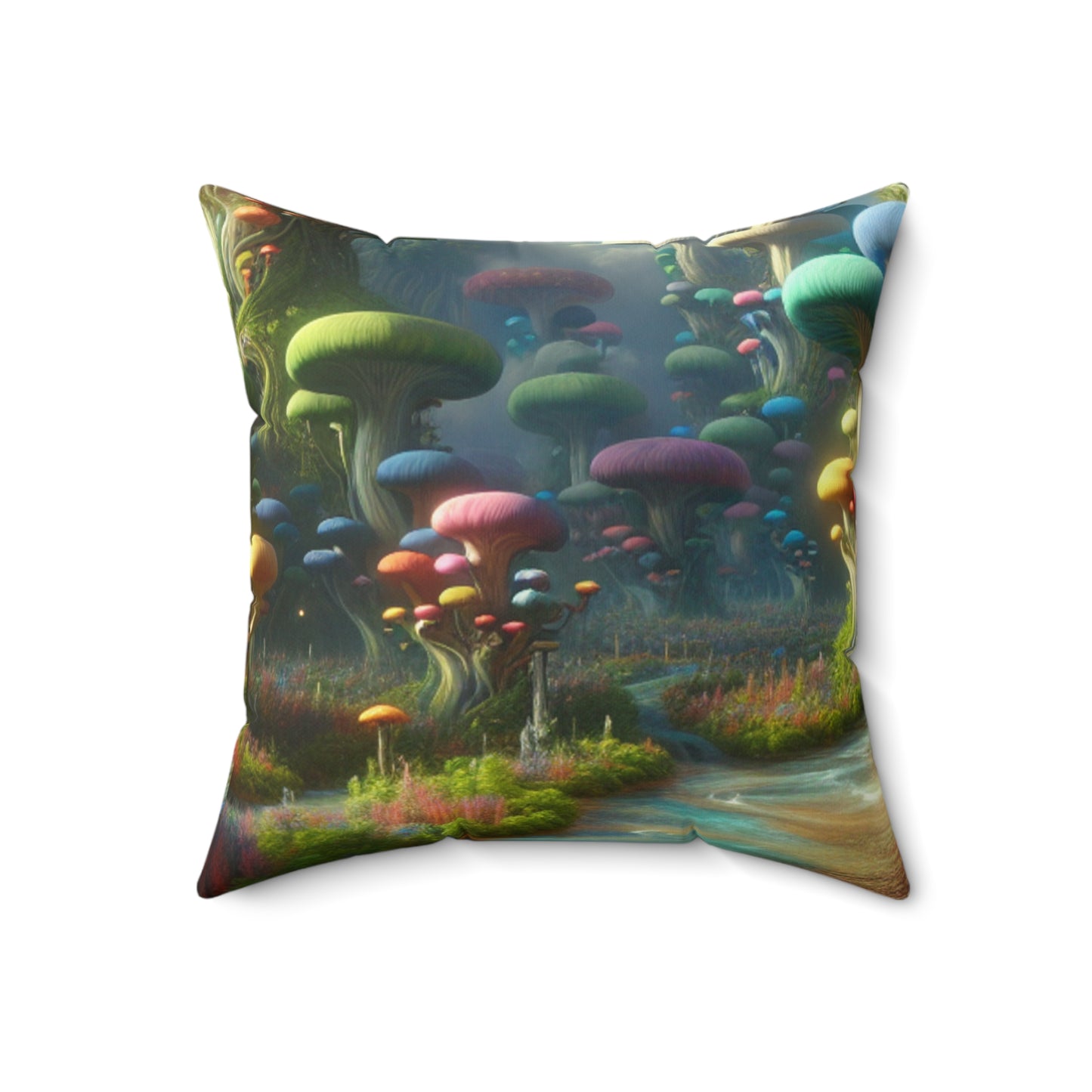 "Mystical Mushroom Wonderland": almohada cuadrada de poliéster hilado extraterrestre