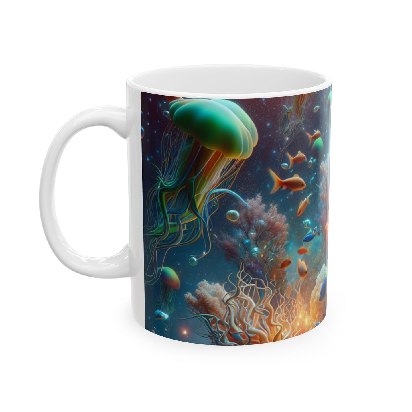 "Neon Fish Dance in Coral Forest" - The Alien Ceramic Mug 11oz