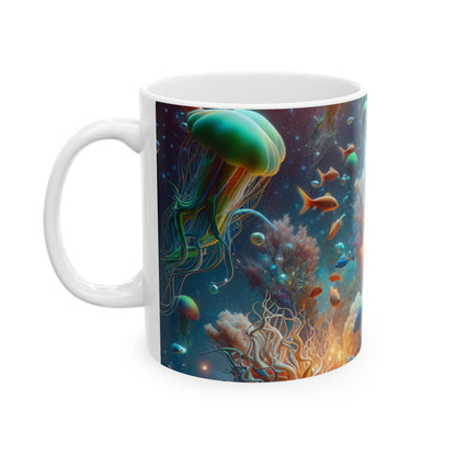 "Los peces de neón bailan en el bosque de corales" - Taza de cerámica alienígena de 11 oz