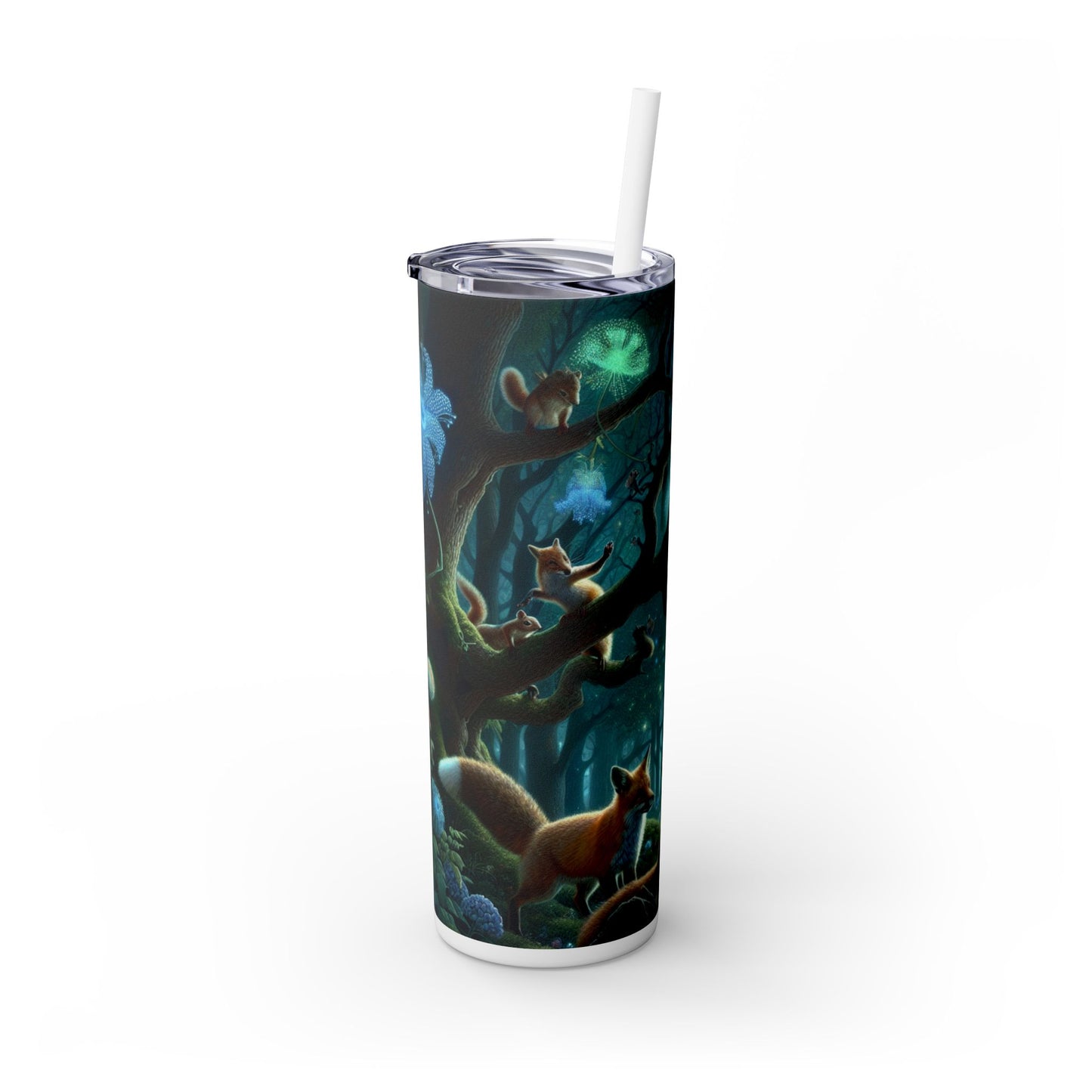 « Ménagerie mystique : créatures gambadant dans une forêt enchantée » - Verre fin avec paille The Alien Maars® 20 oz