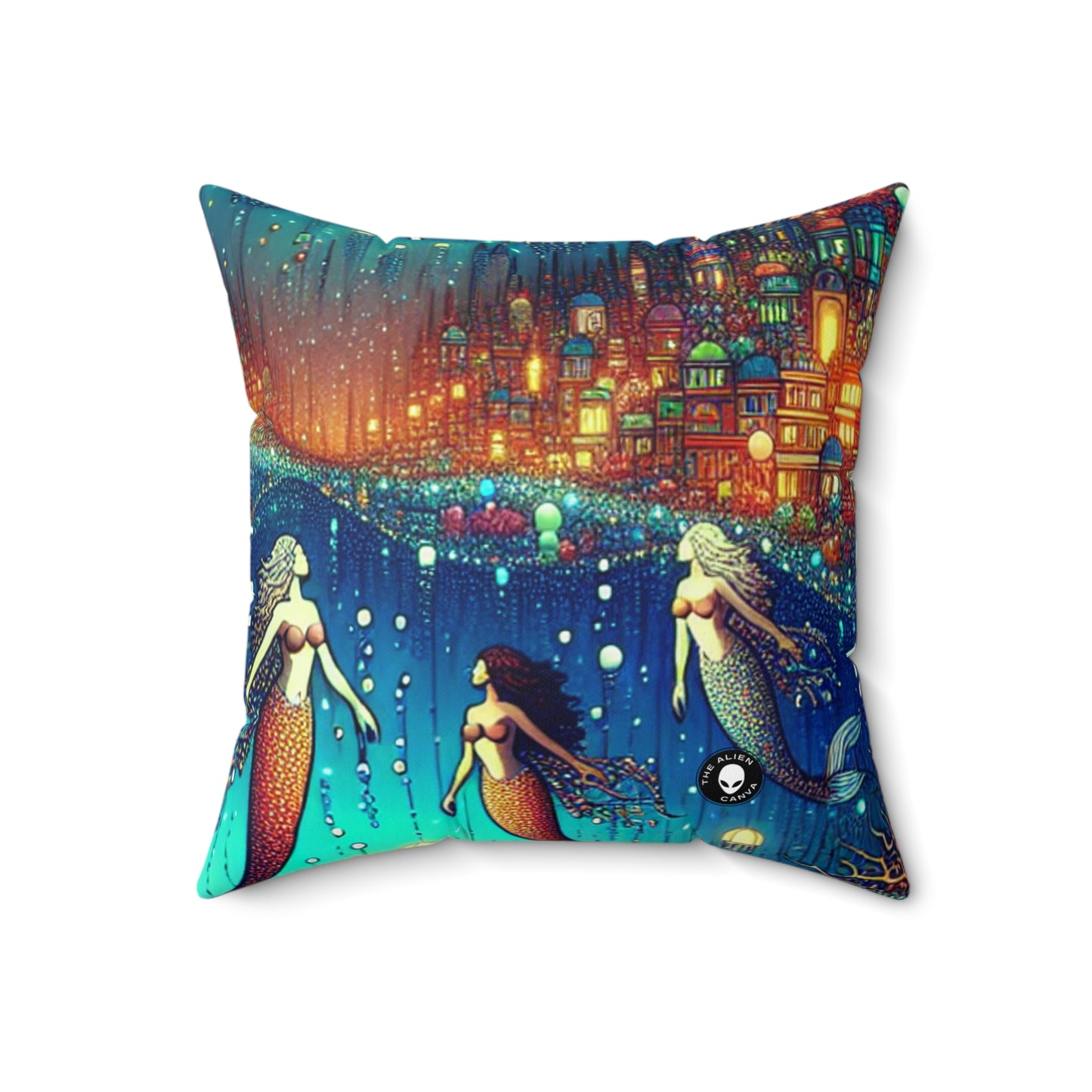 "Glowing Jellyfish City: A Whimsical Underwater World"- The Alien Spun Polyester Square Pillow